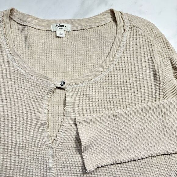 Dylan Cream Waffle Knit Cotton Long Sleeve Pullover, Keyhole Front & Tie Waist - Picture 1 of 12